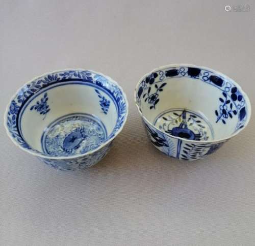TWO CHINESE QING KANG XI BLUE AND WHITE CUPS