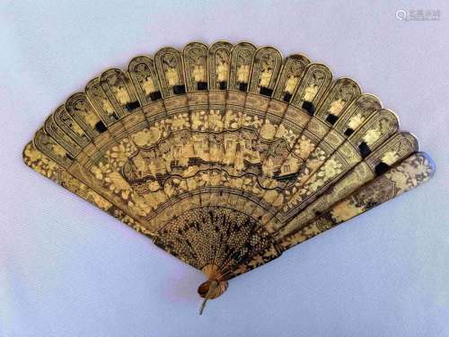 Chinese 19TH C. Export Black Gilt Lacquer Hand Fan