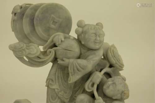 A Large Jadeite with Carved Kids and Coins