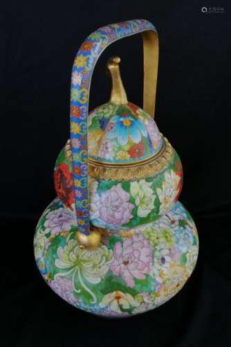 CHINESE COPPER CLOISONNE GOURD HU WITH HANDLE