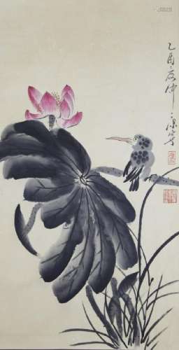 Chinese Scroll Painting of Lotus and Birds