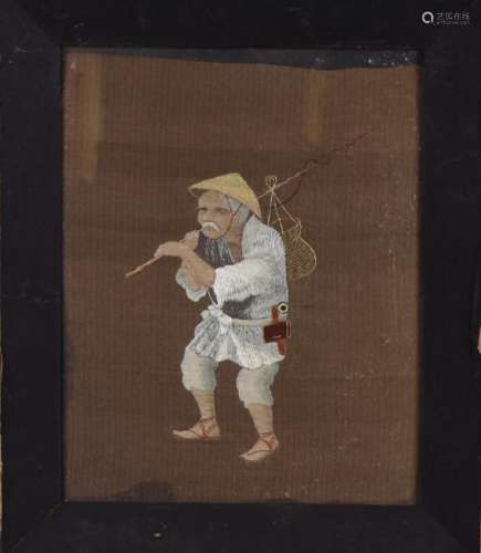 Japan 19th Century Silk Embroidery Fish Man