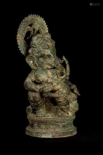 19th Century Antique Ganesha Statue Holding Baby