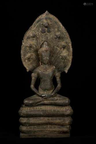 18th Century Lopburi Style Bronze Naga Enthroned