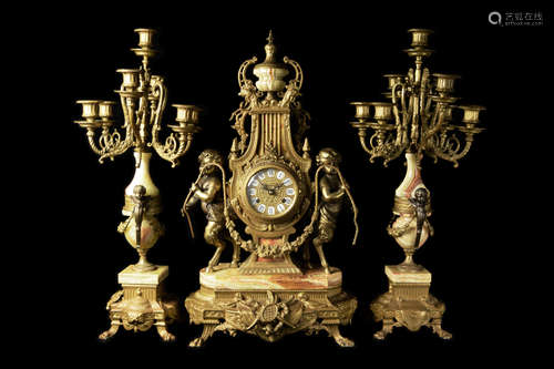 A Set of Italian Gilt Bronze Harp Shape Mantel Clock and Candelabra with Figurines and Marble Bases