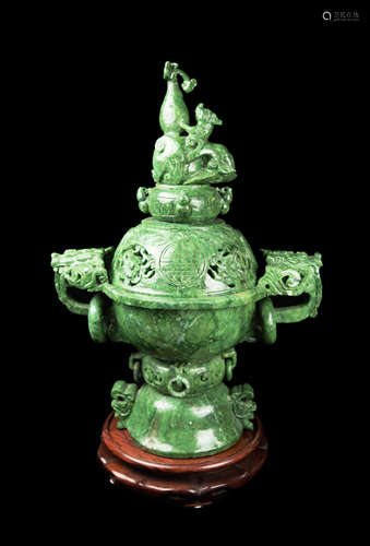 A Chinese Spinach Jade Incense Burner with carving of Dragons and Calabash