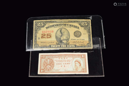 Two Pieces of Old Notes of 1923 Dominion of Canada 25 Cent and Hong Kong 1 Cent