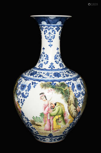 A Chinese Famille Rose Porcelain Long-Neck Vase with Windows of Portrait of the Eight Immortals and Interlocking Blue Lotus, marked 