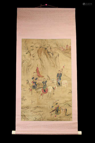 A Chinese Scroll Painting of Royal Hunting Trip in Mountain, signed as 