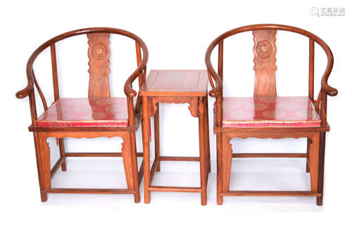 A Set of Ambila Wood Chinese Style Horseshoe Back Chair Set (2 chairs x 1 coffee table)