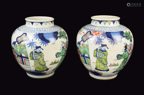 [Chinese] A Pair of Republic Era Penta-Colour (Wucai) Porcelain Jars with Portraits