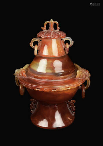 A Chinese Tri-Colour Agate Compote with Lid and Carved with Flowers