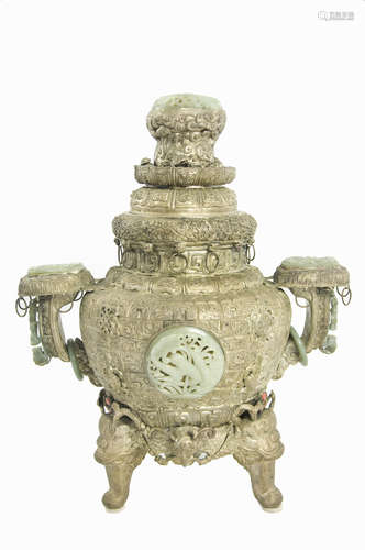 A Pair of Early 20th Century Chinese Silver Urn Shaped Incense Burner Studded with Jade