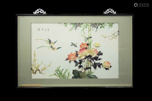 A Large Framed Chinese Shell Cuttina with Flowers and Birds