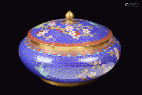 [Chinese} A Blue Cloisonne Lidded Urn with Birds and Plum Blossom