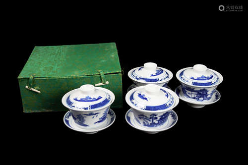 A Set of Jingdezhen Blue and White Porcelain Tea Bowls with Lid (4 sets and 12 pcs)