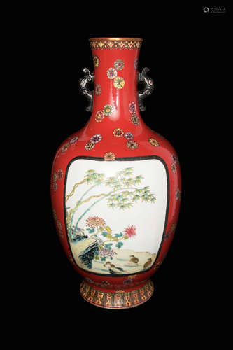 A Chinese Red Ground Famille Rose Vase with Windows of Portraits of Flowers and Birds, marked as 