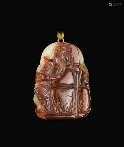 A White and Red Jadeite Pendant with Guangong Carving