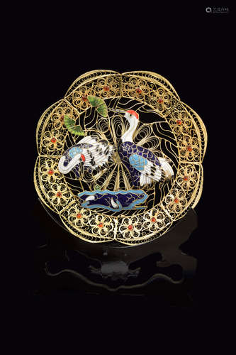 A Gilt Bronze Wired Filigree Decorative Plate with Cloisonne Inlaid Cranes and Pines