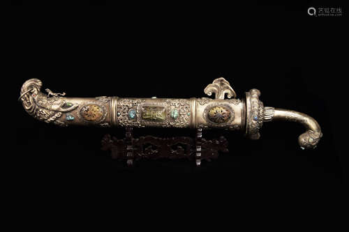 An Old Chinese Short Blade with Sliver Plated Scabbard Carved with Peony and Dragon Head and Studded with Old Jades and Turquoise