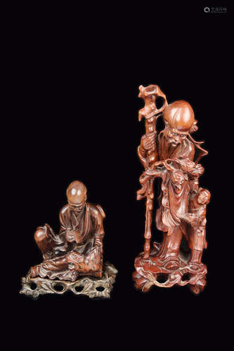 [Chinese] Two Hardwood Sculpture of God of Longevity and the Tiger Arhat