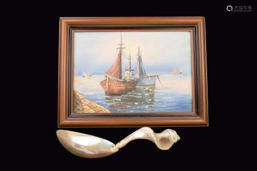 A Fishing Sailboat Oil Painting on Canvas & a Shell Spoon