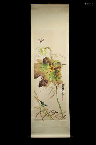 [Chinese] A Scroll Painting of Lotus Pond and Bird, signed and sealed as Zhao, Shao-ang