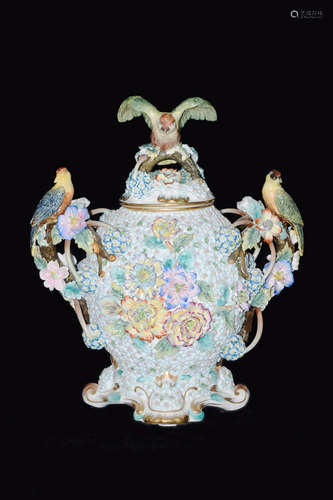 A Continental Porcelain Lidded Urn Fully Covered with Flowers and Three Birds