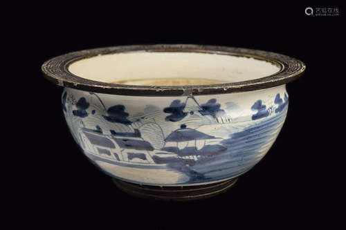 [Chinese} A Republic Era Blue and White Landscape Bowl with Black Rim