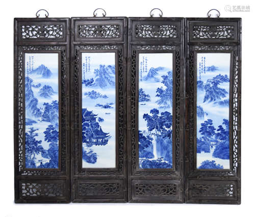 [Chinese] A Set of Blue and White Porcelain Plaque Hanging Panels with Landscapes of Four Seasons