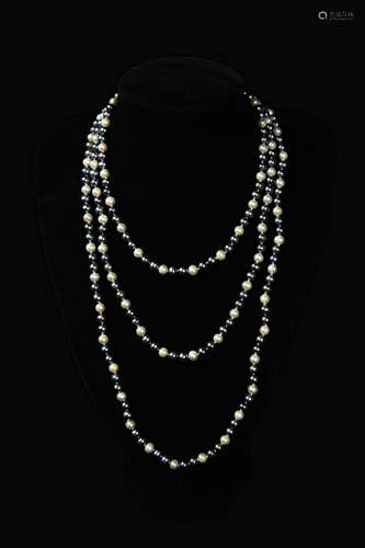 A Fresh Cultured Grey, Black and White Pearl Opera Necklace