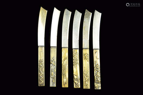 A Set of Six Old Silver Table Knives with Bronze Handles of Assorted Patterns