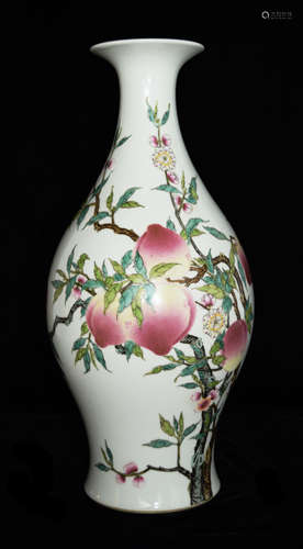 A Chinese Famille Rose Porcelain Olive Shaped Vase with Peach Patterns, marked as 