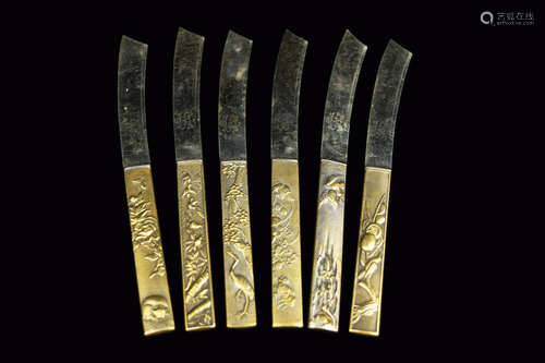 A Set of 6 Old Silver Table Knives with Bronze Handles of Birds and Flower Patterns