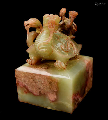 An Old Xiuyan Jade Seal with Dual Xuanwu Carving