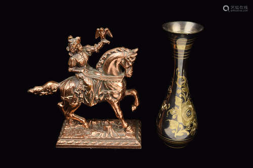 A Copper Persian Prince Figurine and a Silver Plated Brass Vase