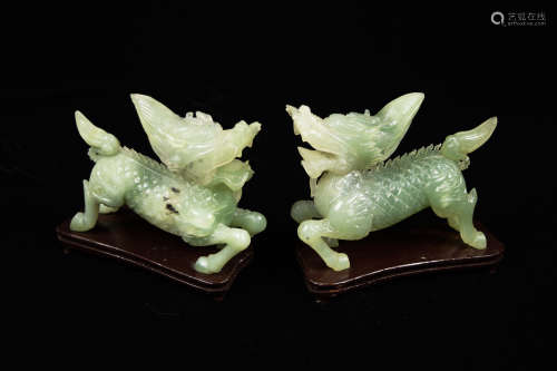 A Pair of Chinese Xiuyan Jade Carved Kirin Figurines