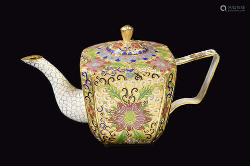 [Chinese] A Gilt Bronze Cloisonne Rectangular Teapot with Emboss Lotus