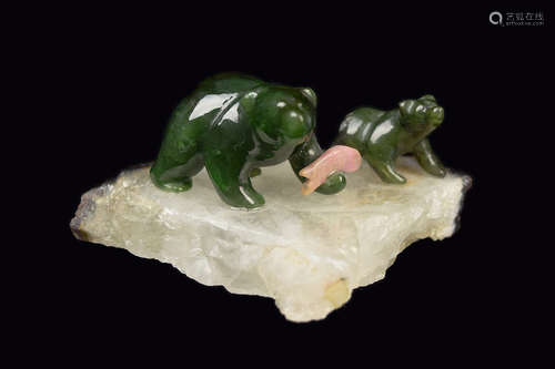 A Canadian BC Jade Polar Bears with Rhodonite Fish and Agate Ice Plate Base