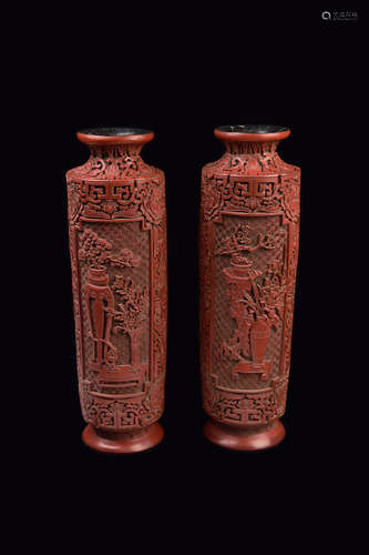 [Chinese] A Pair of Cinnabar Lacquered Vases Carved with Vased Flowers and Bonsais