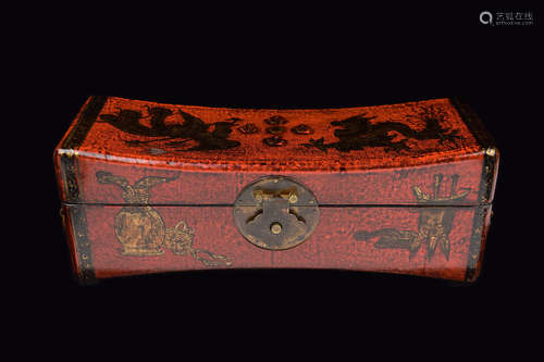 A Lacquered Leather Pillow Shape Box with Dragon and Phoenix