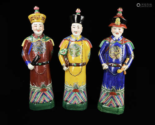 A Set of Famille Rose Porcelain Figurines of Three Emperors of Qing Dynasty, marked as 