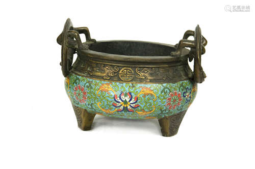 19th Century Small Cloisonne Enamel Incense Burner with Intertwined Florals and Dragon Ears, marked as 