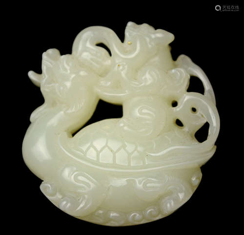 [Chinese] A White Jade Carved Ornament with Dragon Turtle Carrying Pixiu