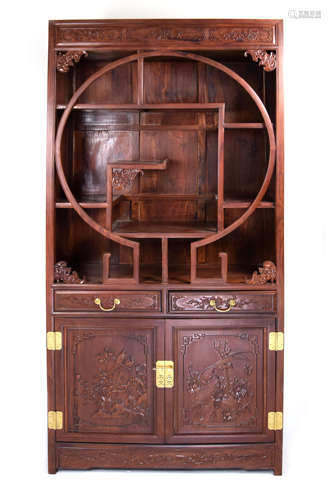 [Chinese] A Rosewood Display Cabinet with Bird and Floral Carving