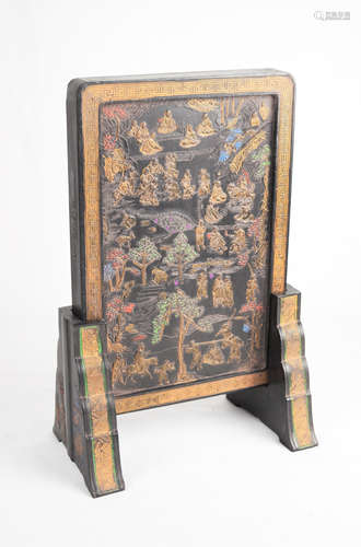 An Old Chinese Screen Style Ink Stick with Landscape Relief, marked 