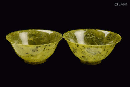 [Chinese] A Pair of Egg Shell Green Jade Carved Bowls