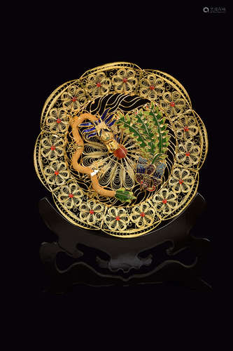 A Gilt Bronze Wired Filigree Decorative Plate with Cloisonne Inlaid Dragon and Phoenix