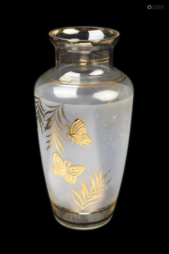 A Czech Frosted Glass Vase with Golden Leaf Pattern