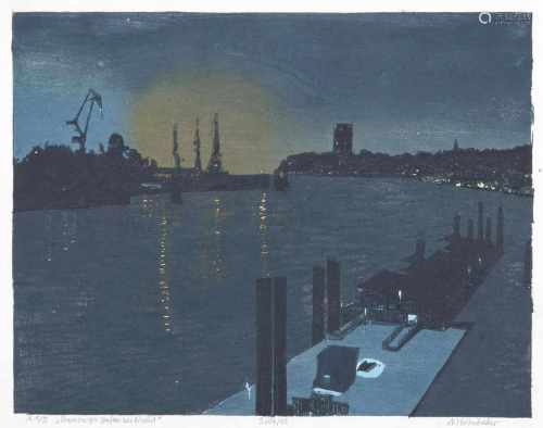 Nikolaus Störtenbecker(Hamburg 1940)Hamburger Hafen bei NachtFarbholzschnitt, 30 x 38,5 cm, r. u.